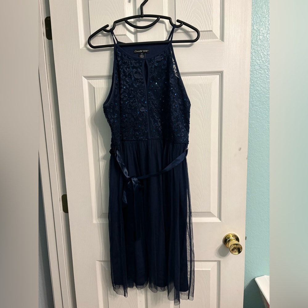Cardalite petite navy blue sequin lace top cocktail Christmas dress formal P XL